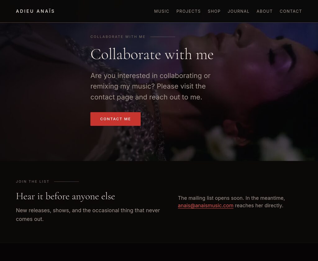 The anaismusic.com homepage, dark cinematic layout over a still from the artist's own music video